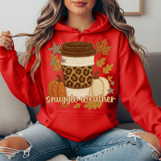 Snuggle Weather Faux Embroidery Coffee Hoodie Sweatshirt