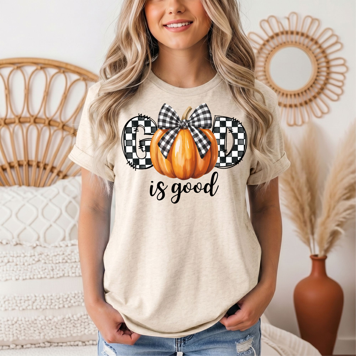 God Is Good Pumpkin & Gingham Bow Graphic Tee
