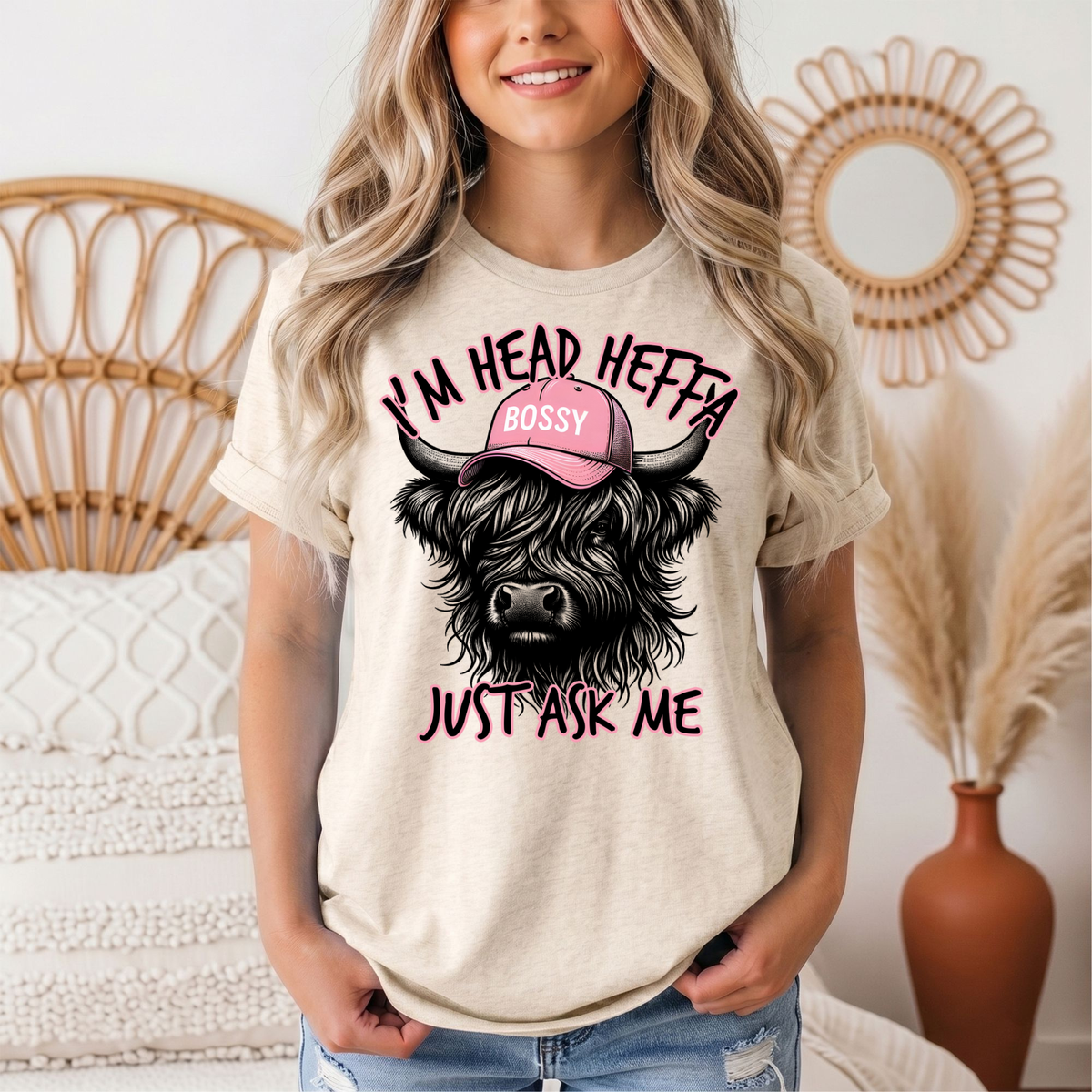 I'm Head Heffa Highland Cow Pink Bossy Cap Graphic Tee