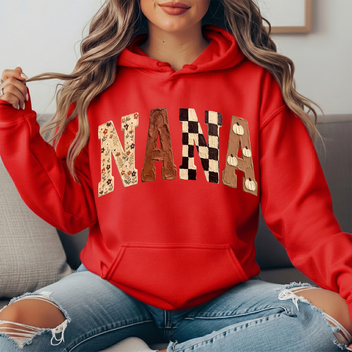 Nana Fall Floral, Checkerboard & Pumpkin Graphic Hoodie