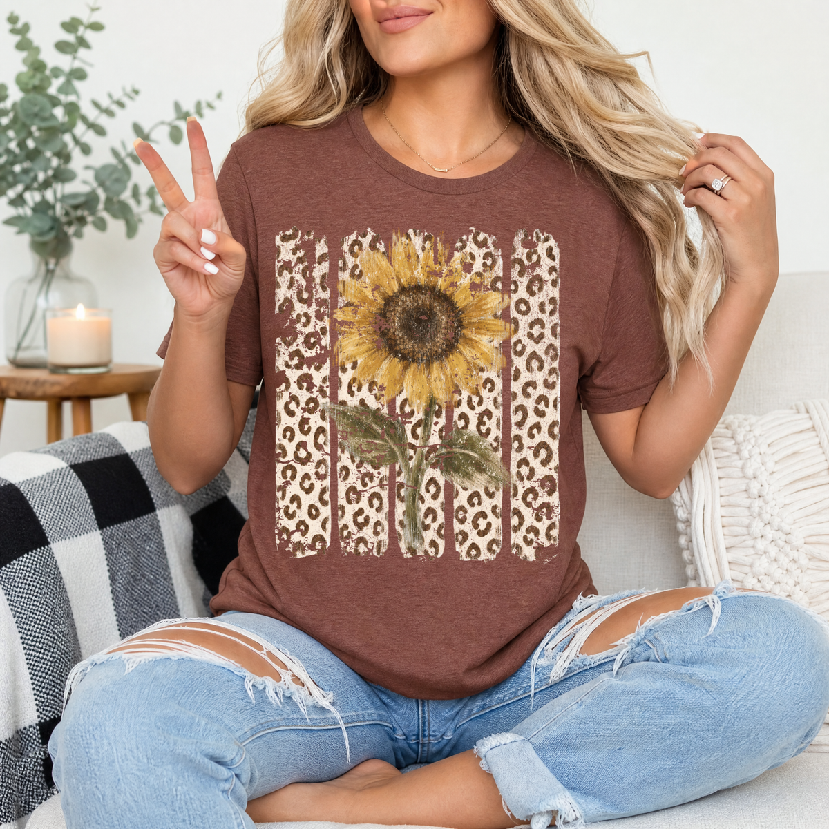 Distressed Sunflower & Leopard Print Graphic Tee