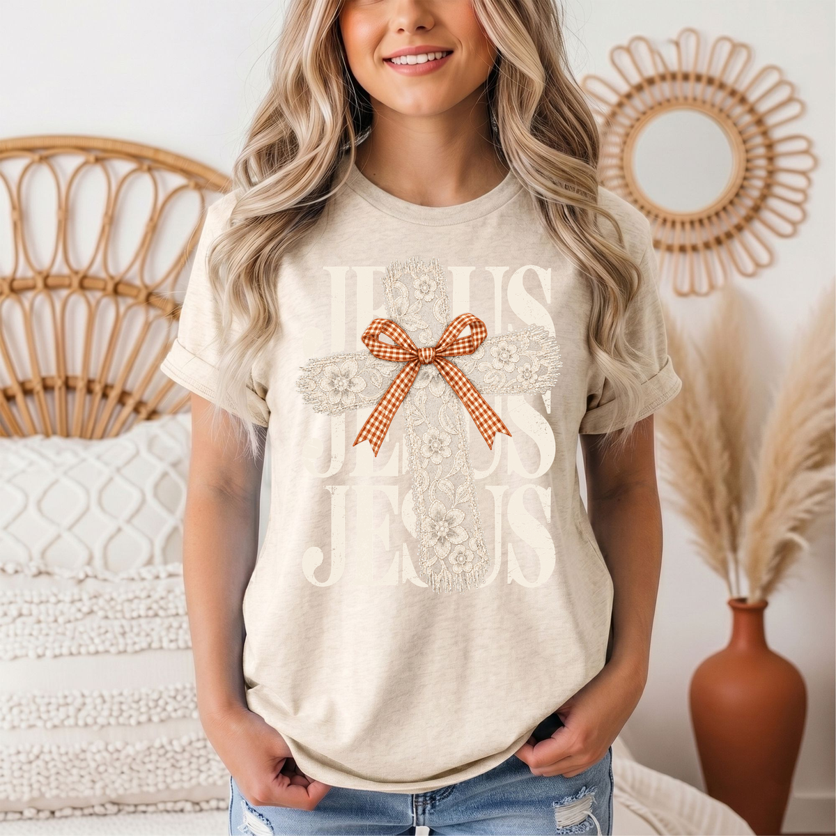 Jesus Lace Cross & Gingham Bow Christian Graphic Tee