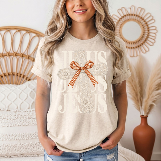 Jesus Lace Cross & Gingham Bow Christian Graphic Tee