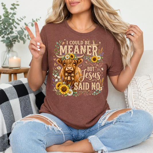 I Could Be Meaner, But Jesus Said No Highland Cow Graphic Tee