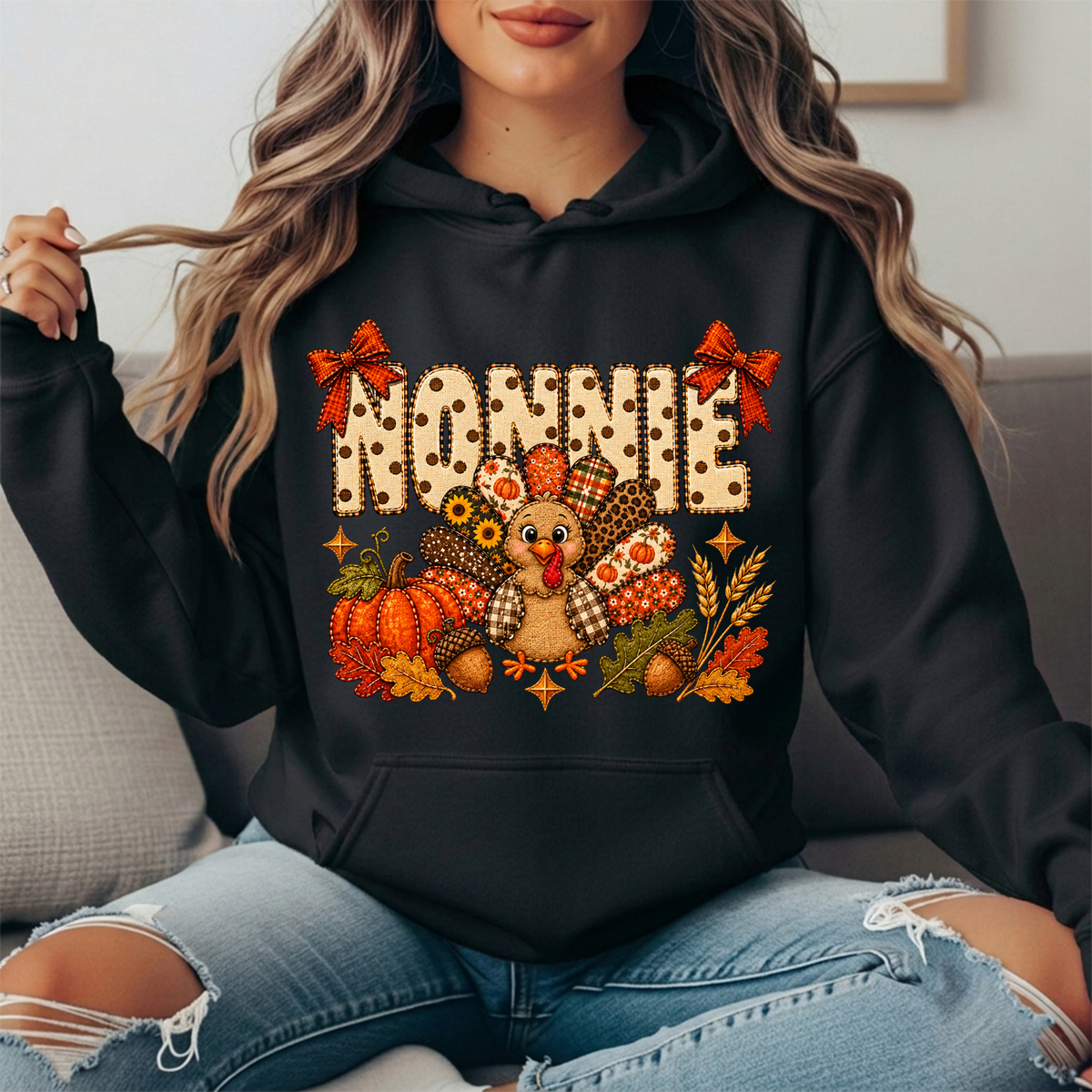 Nonnie Thanksgiving Patchwork Turkey Bow Graphic Hoodie