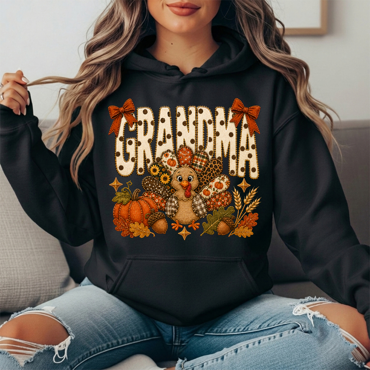 Grandma Thanksgiving Patchwork Turkey Bow Graphic Hoodie