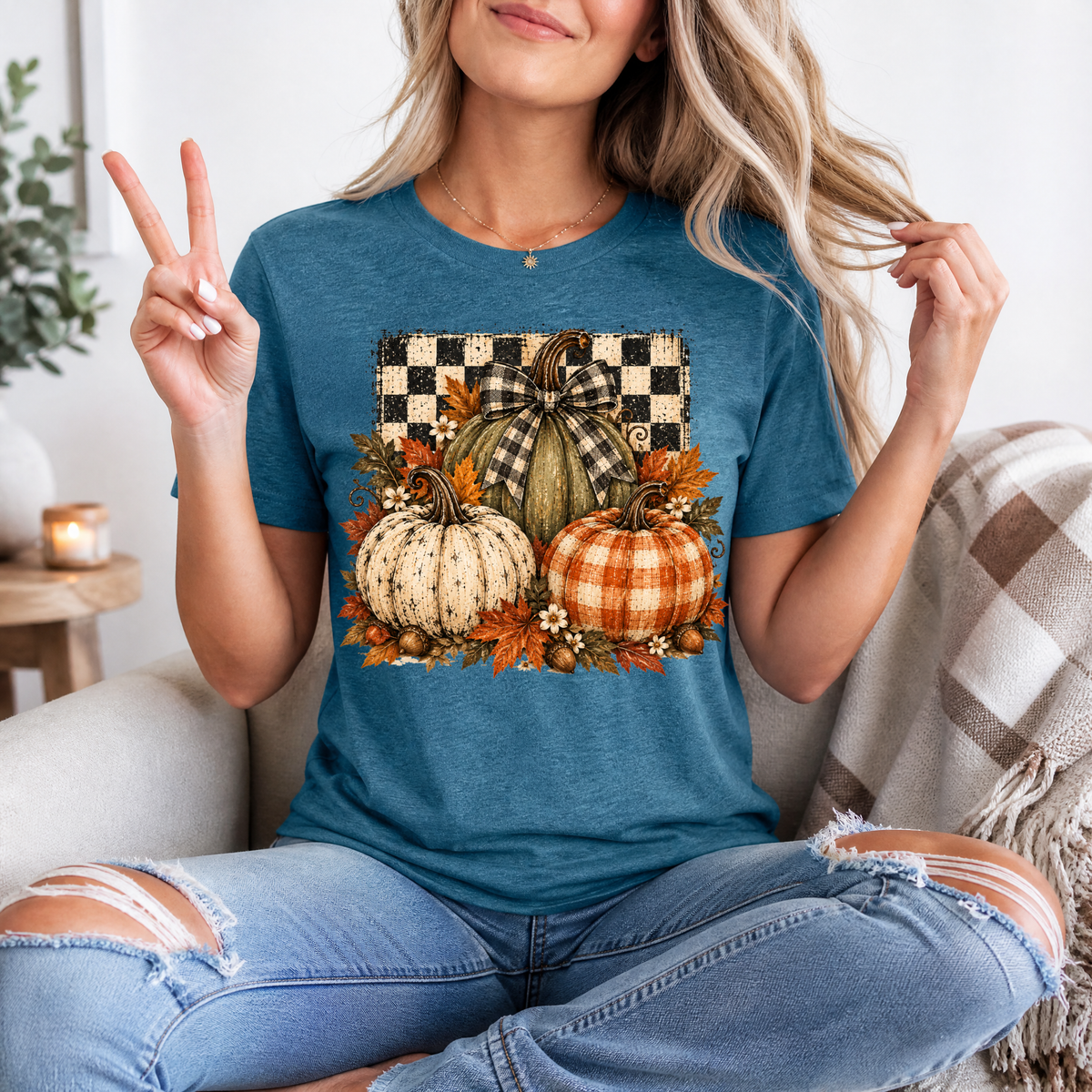 Rustic Fall Pumpkin Trio & Gingham Bow Graphic Tee