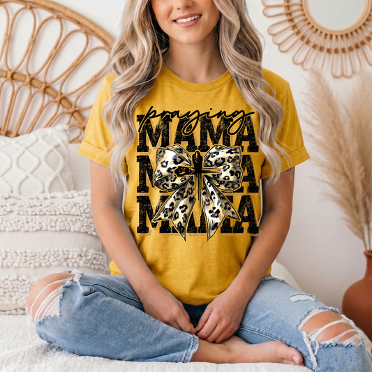 Praying Mama Leopard Bow & Cross Graphic Tee