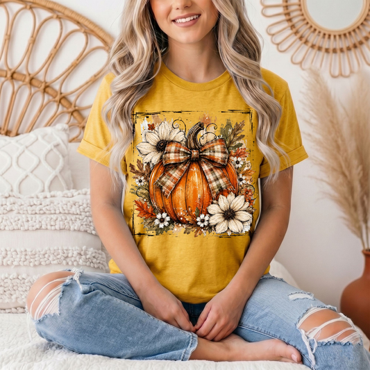 Fall Pumpkin Floral & Plaid Bow Graphic Tee
