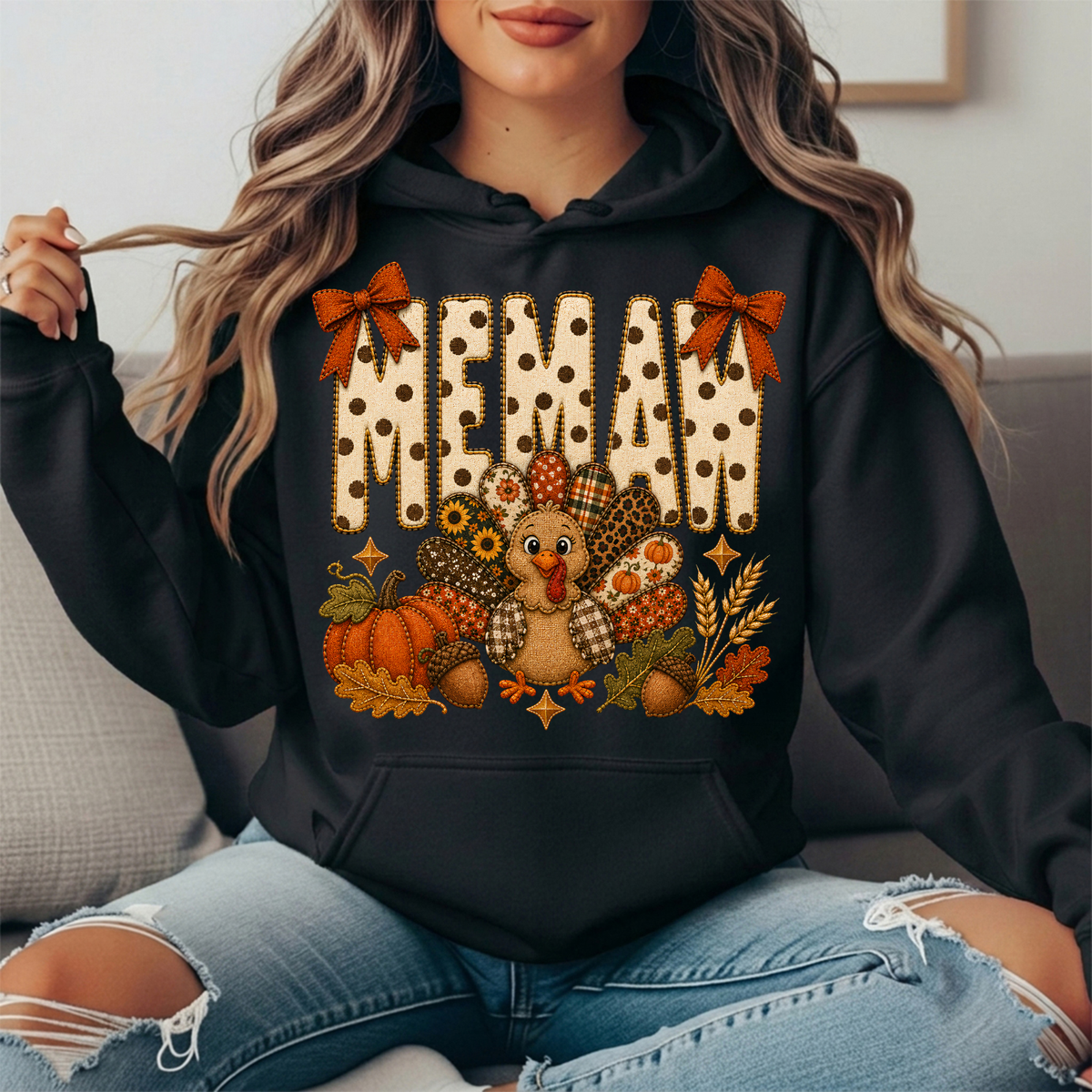 Memaw Thanksgiving Turkey & Rust Bows Graphic Hoodie