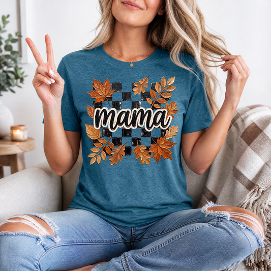 Mama Fall Leaves & Checkerboard Graphic Tee