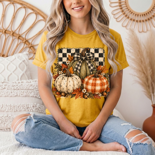 Rustic Fall Pumpkin Trio & Gingham Bow Graphic Tee