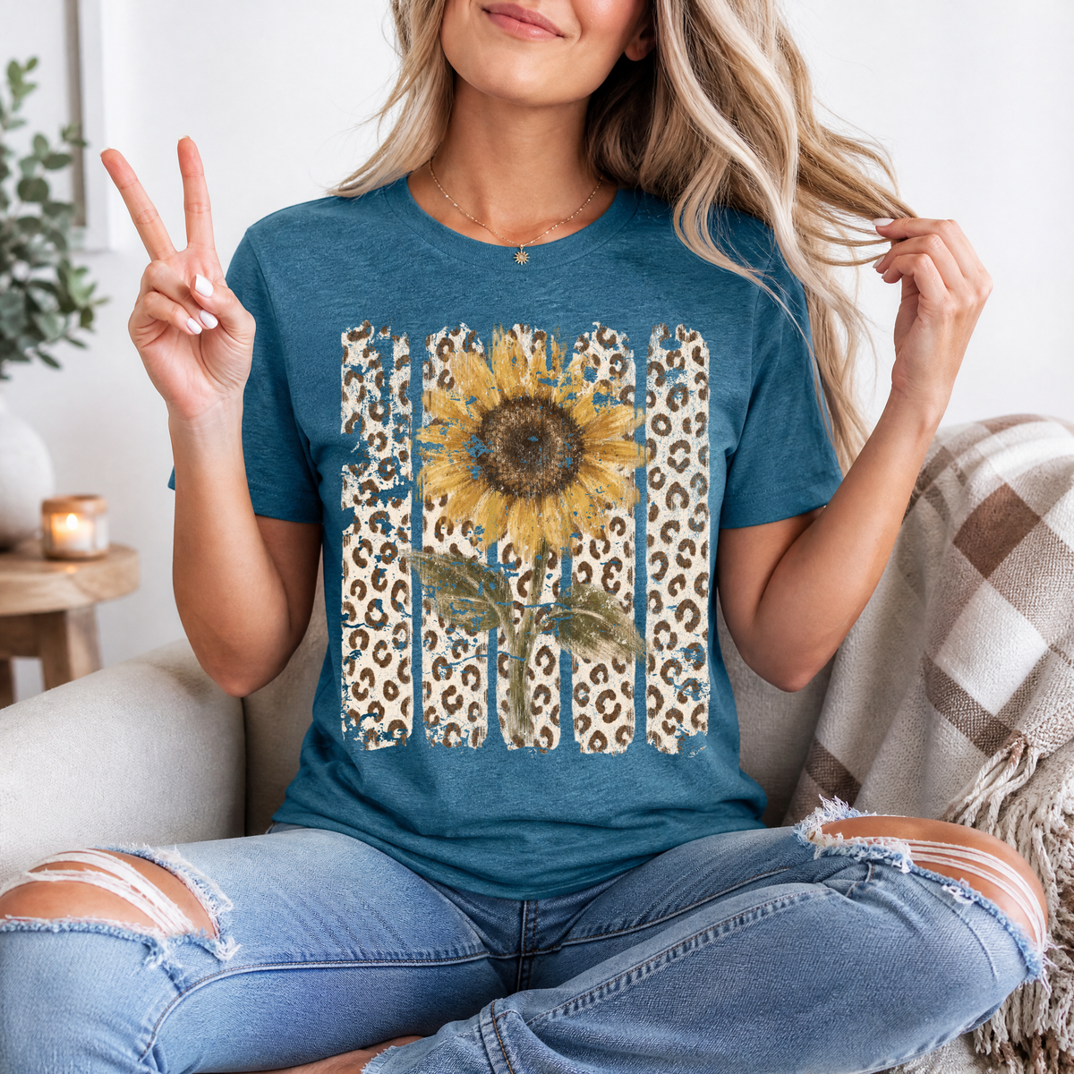 Distressed Sunflower & Leopard Print Graphic Tee