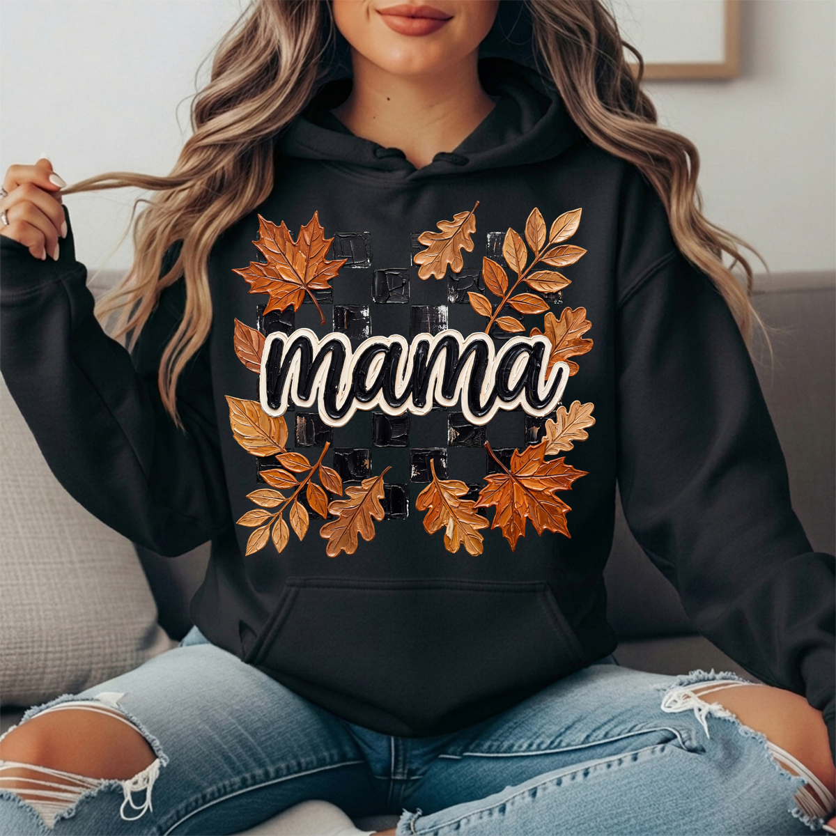 Mama Fall Leaves Checkerboard Graphic Hoodie