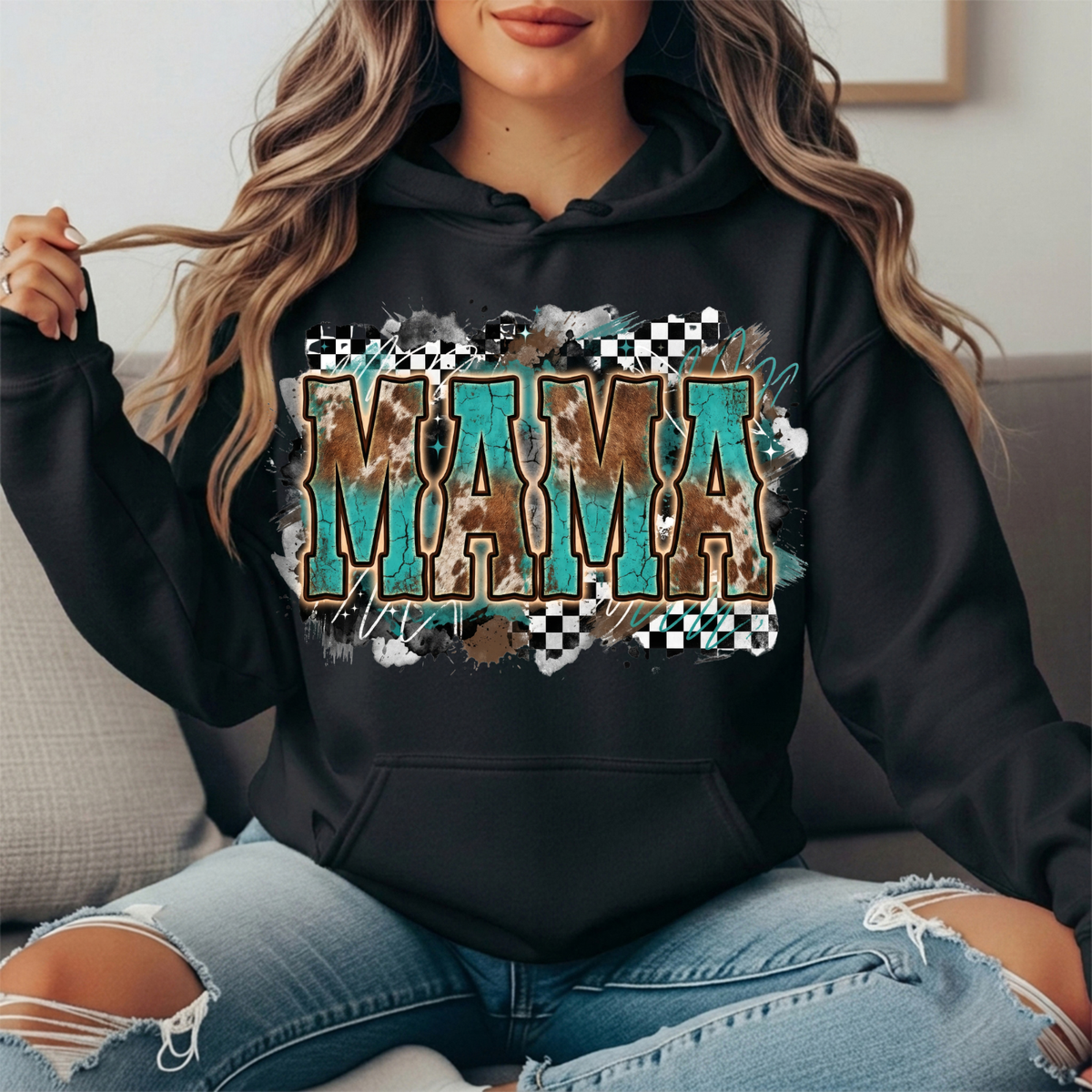 Turquoise Cowhide Mama Western Graphic Hoodie