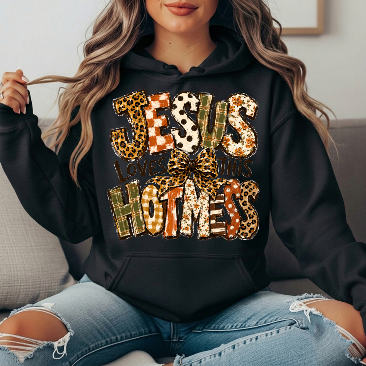 Jesus Loves This Hot Mess Leopard Bow Graphic Hoodie