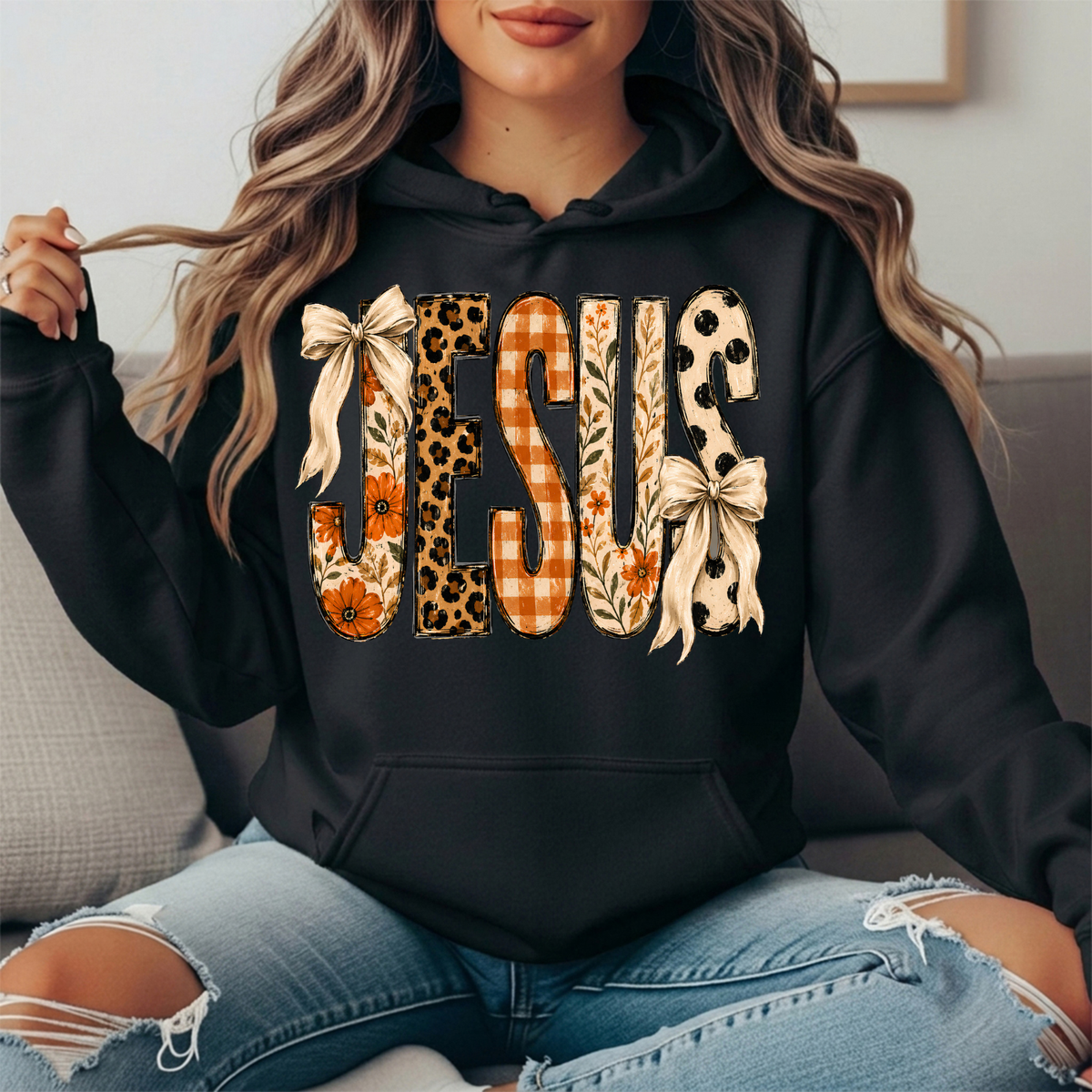 Jesus Patchwork Floral & Bow Graphic Hoodie