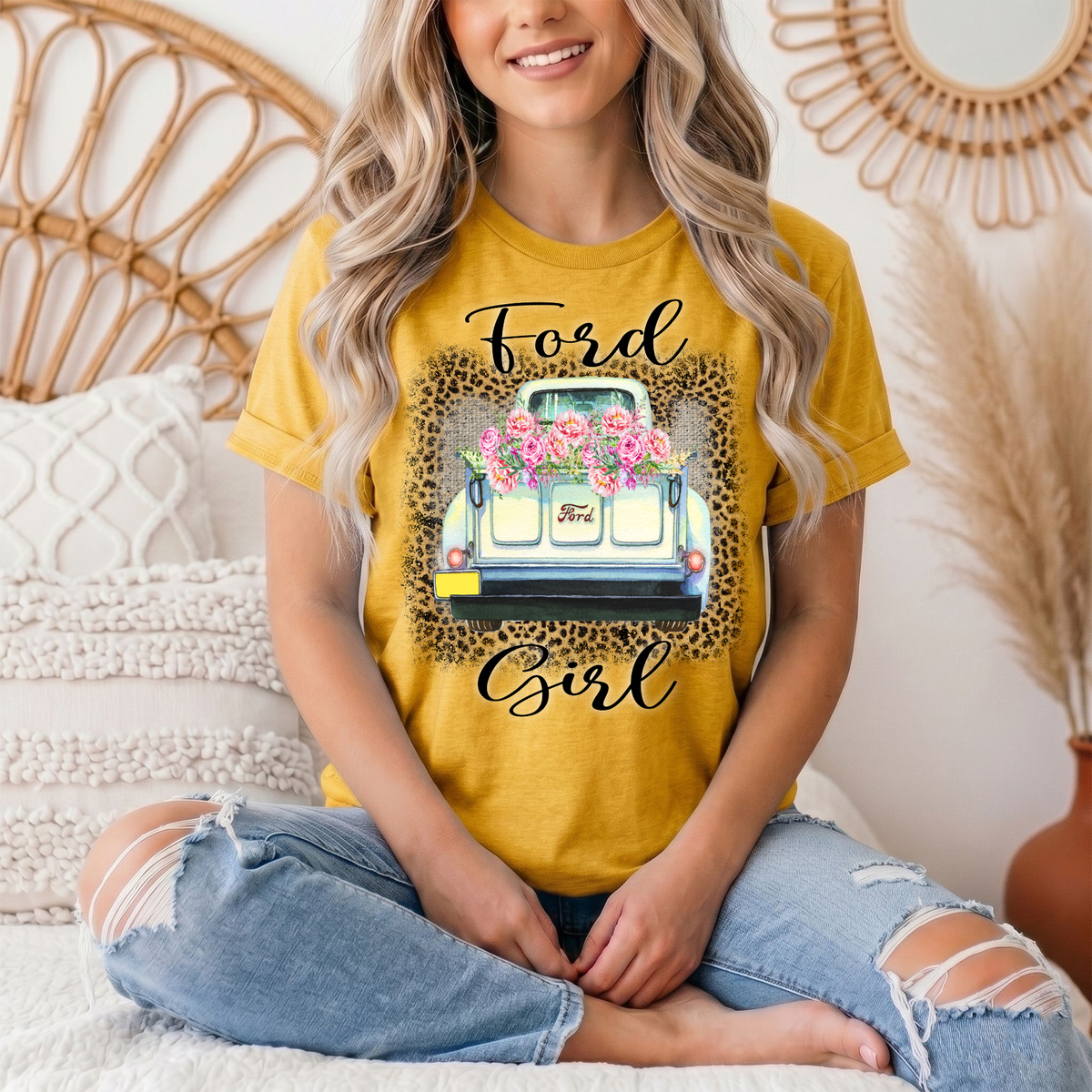 Ford Girl Floral Vintage Truck & Leopard Graphic Tee