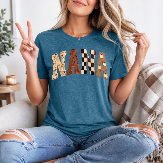 Fall Nana Floral, Checkerboard & Pumpkin Graphic Tee