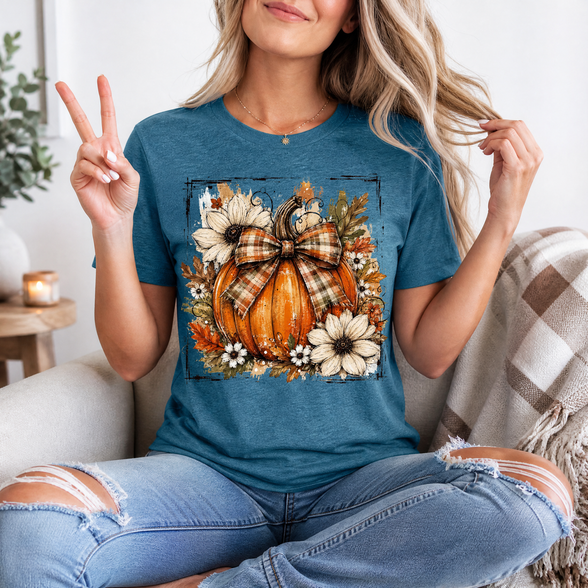 Fall Pumpkin Floral & Plaid Bow Graphic Tee