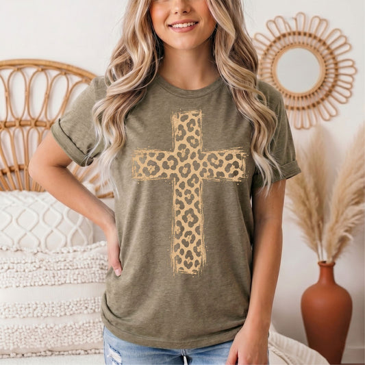 Leopard Print Cross Christian Graphic Tee