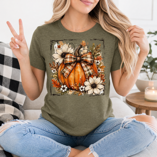 Fall Pumpkin Floral & Plaid Bow Graphic Tee