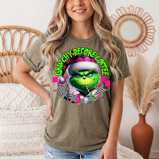 Grinchy Before Coffee Pink Checkerboard Christmas Graphic Tee