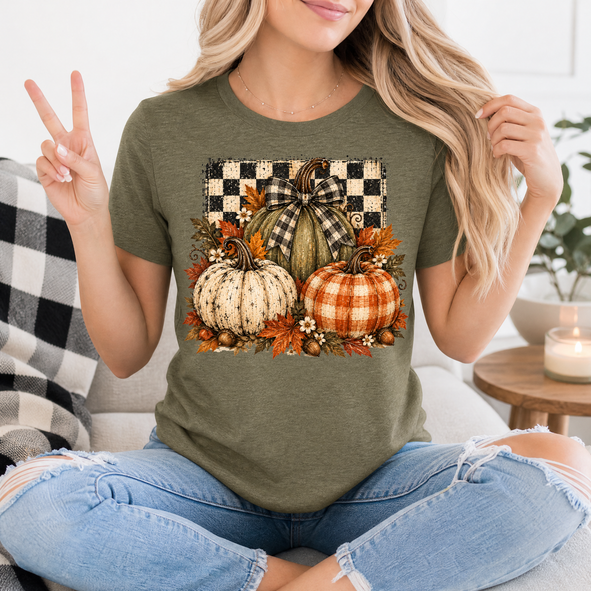 Rustic Fall Pumpkin Trio & Gingham Bow Graphic Tee