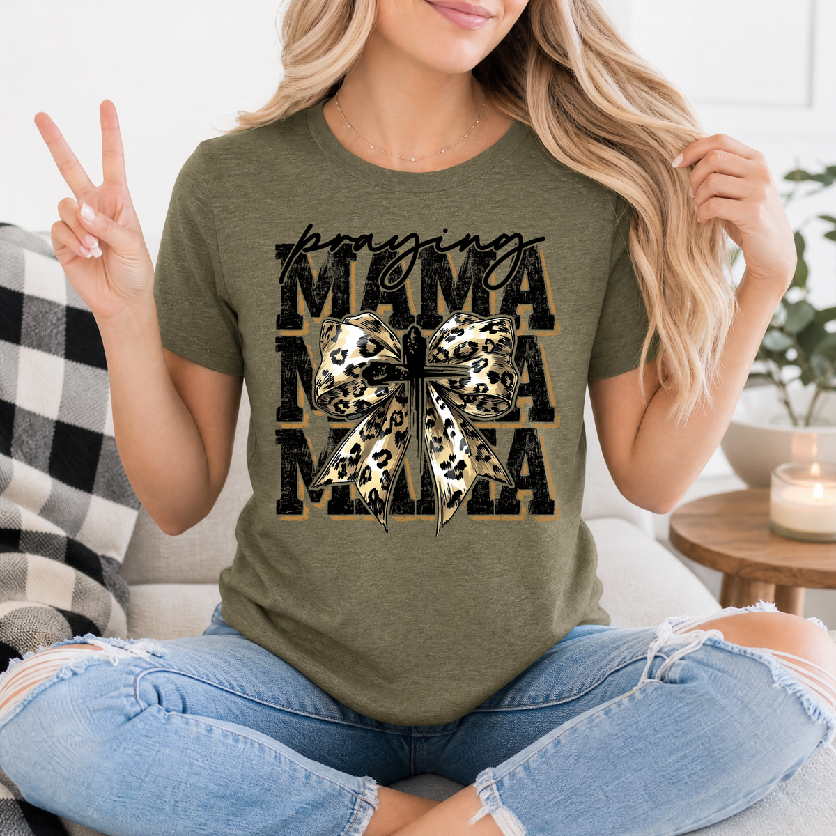 Praying Mama Leopard Bow & Cross Graphic Tee