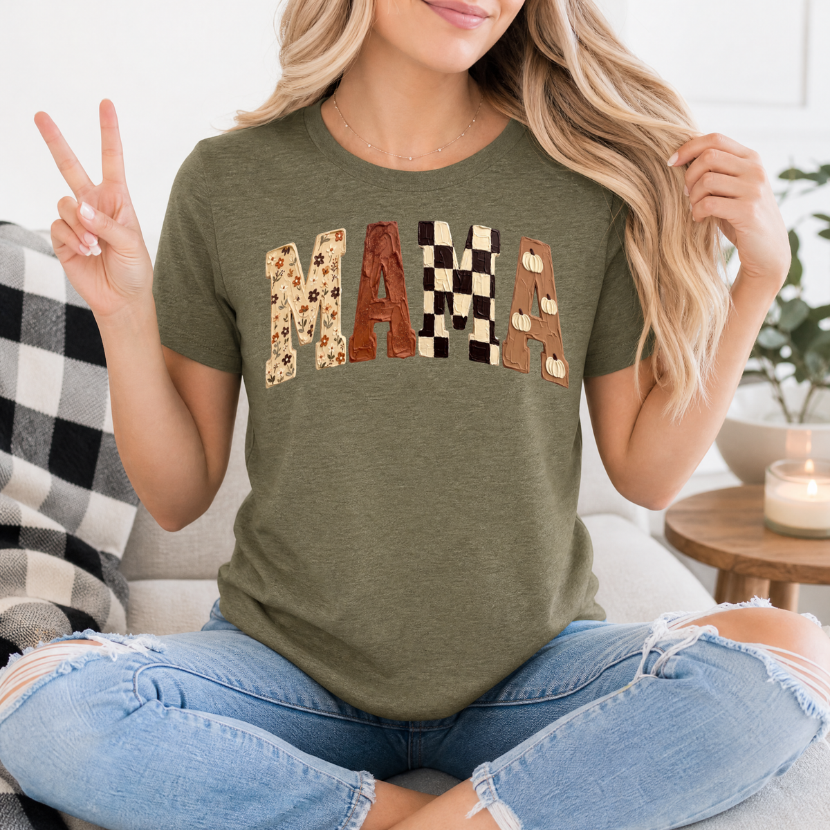 Fall Mama Floral, Checkerboard & Pumpkin Graphic Tee