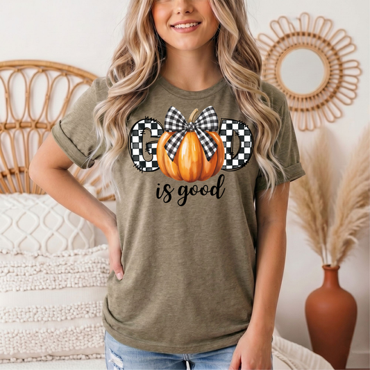 God Is Good Pumpkin & Gingham Bow Graphic Tee