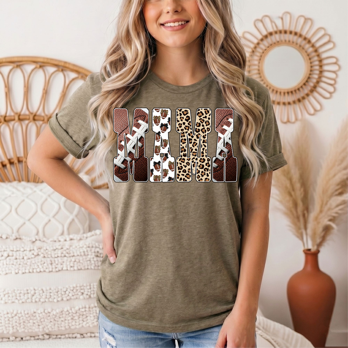 Mama Football & Leopard Mixed Print Graphic Tee