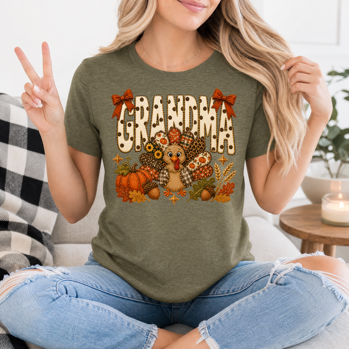 Grandma Thanksgiving Turkey & Bow Graphic Tee