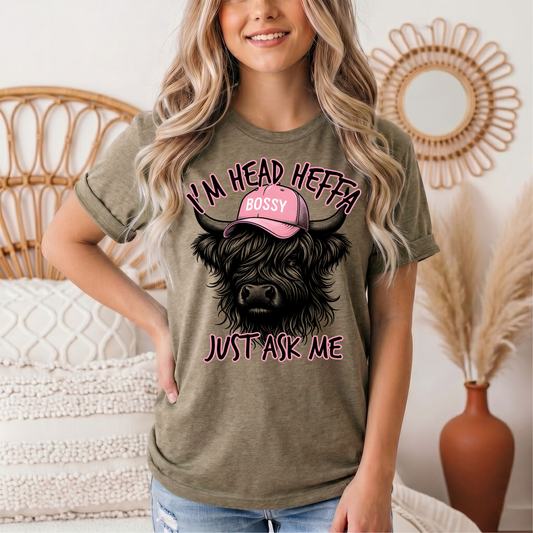 I'm Head Heffa Highland Cow Pink Bossy Cap Graphic Tee