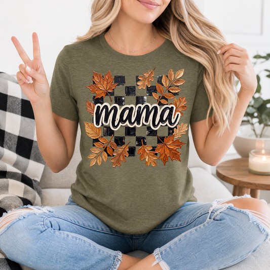 Mama Fall Leaves & Checkerboard Graphic Tee