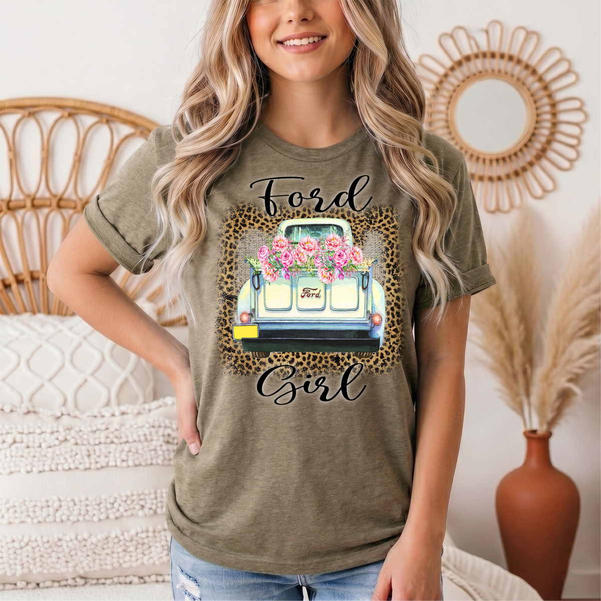 Ford Girl Floral Vintage Truck & Leopard Graphic Tee