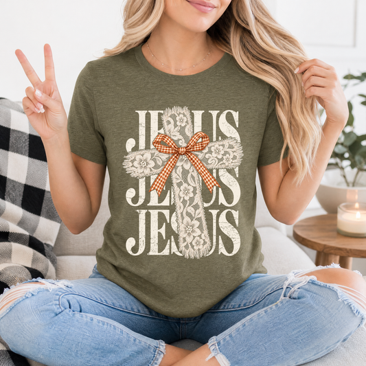 Jesus Lace Cross & Gingham Bow Christian Graphic Tee