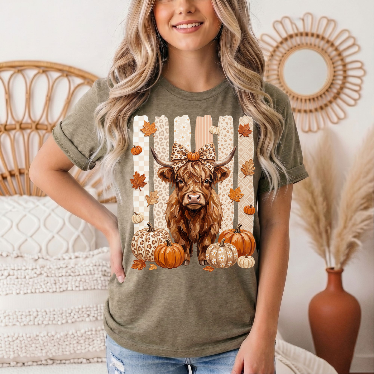 Fall Highland Cow Leopard Bow & Pumpkin Graphic Tee