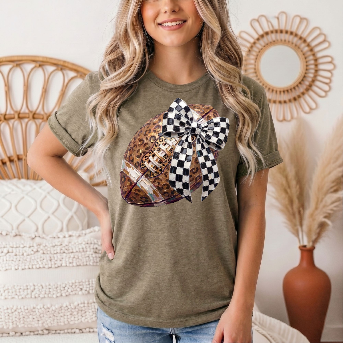 Leopard Football & Checkerboard Bow Graphic Tee