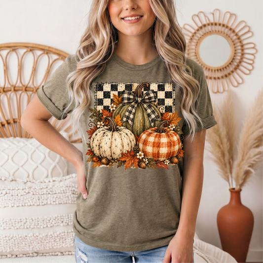 Rustic Fall Pumpkin Trio & Gingham Bow Graphic Tee