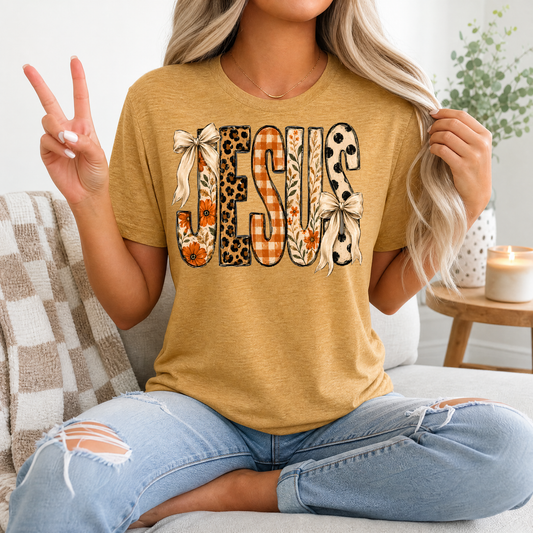 Jesus Floral, Leopard & Gingham Bow Graphic Tee