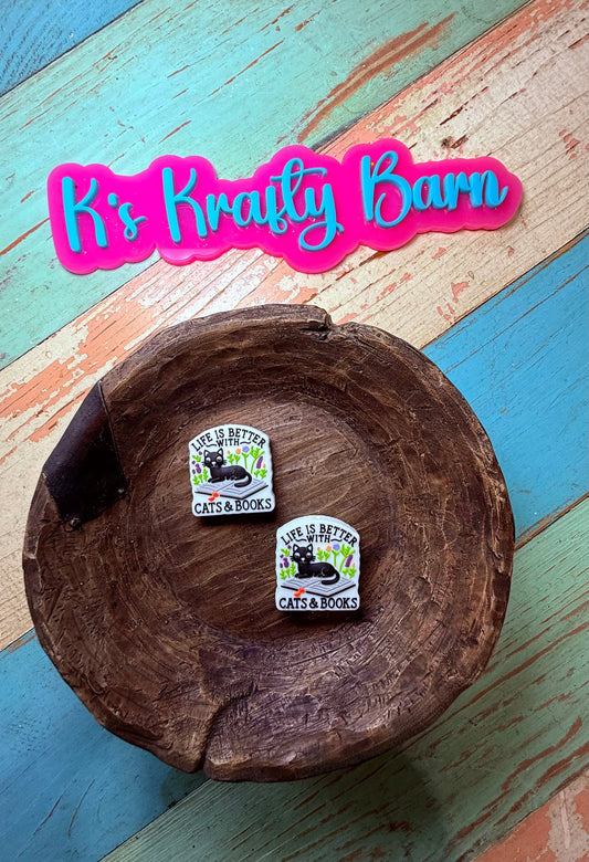 Silicone Focal Bead- Life is better with cats and books K's Krafty Barn