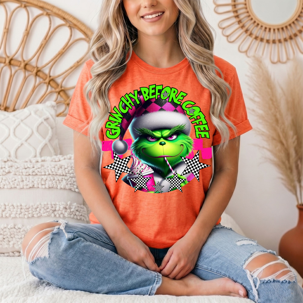 Grinchy Before Coffee Pink Checkerboard Christmas Graphic Tee
