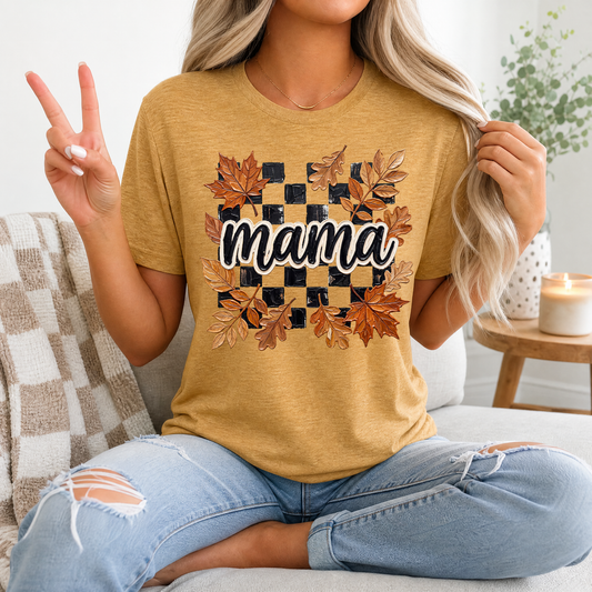 Mama Fall Leaves & Checkerboard Graphic Tee