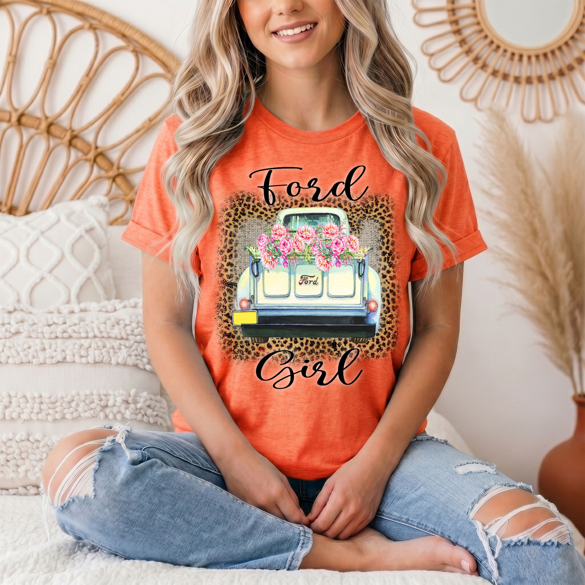 Ford Girl Floral Vintage Truck & Leopard Graphic Tee