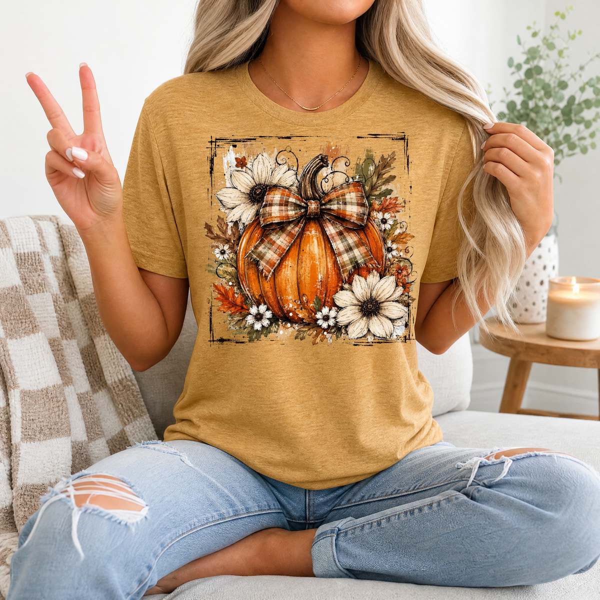 Fall Pumpkin Floral & Plaid Bow Graphic Tee