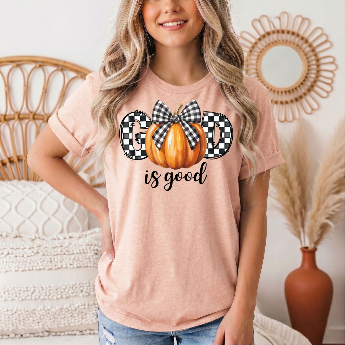God Is Good Pumpkin & Gingham Bow Graphic Tee