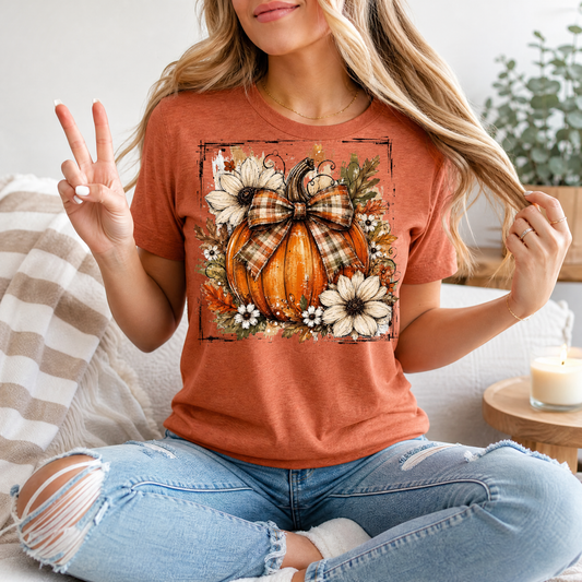 Fall Pumpkin Floral & Plaid Bow Graphic Tee