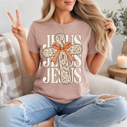 Jesus Lace Cross & Gingham Bow Christian Graphic Tee