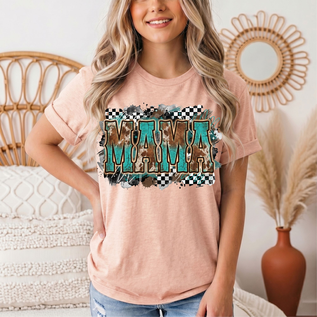 Turquoise & Cow Print Mama Western Graphic Tee